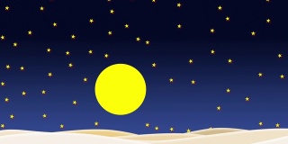 月亮落在夜空地平线上的动画。固定的角度。呈现。