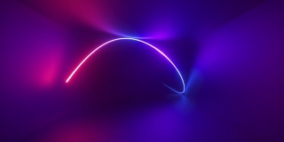3d抽象霓虹背景，光滑的粉蓝色发光线移动在漫长的黑暗隧道。紫外线光照明。激光路径，混沌跳弹轨迹，照明光束