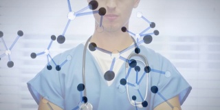 分子结构对男性卫生工作者的肖像与听诊器周围的颈部w