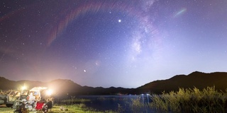 时间流逝在夜晚露营旅行与银河背景