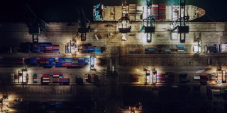 繁忙的工业港口夜间无人机视角