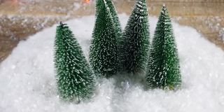 圣诞节的背景。辐射圣诞的心情。绿树在雪中。在4 k拍摄