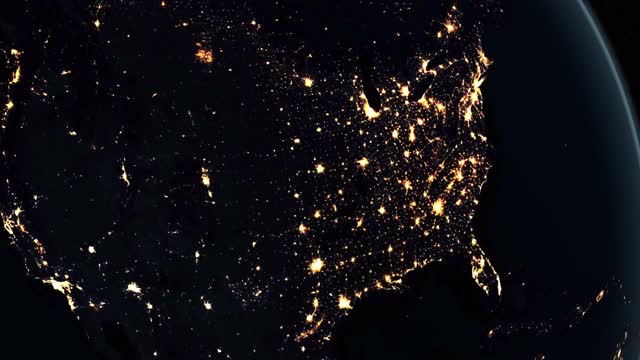 从太空旋转的地球上看到的北美夜晚的景象