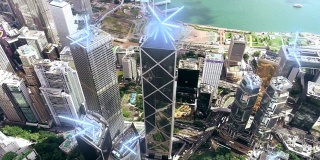 上午香港鸟瞰图，塔身与通讯科技网络相连。