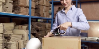 4K超高清手持:亚洲美丽迷人的女人女仓库工人包装包裹在仓库配送中心。应用于商业仓储物流的概念。