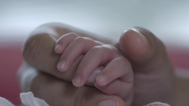 当她的宝宝在温柔和爱中睡觉的时候，靠近妈妈抚摸新生婴儿的手。幸福的家庭的概念。