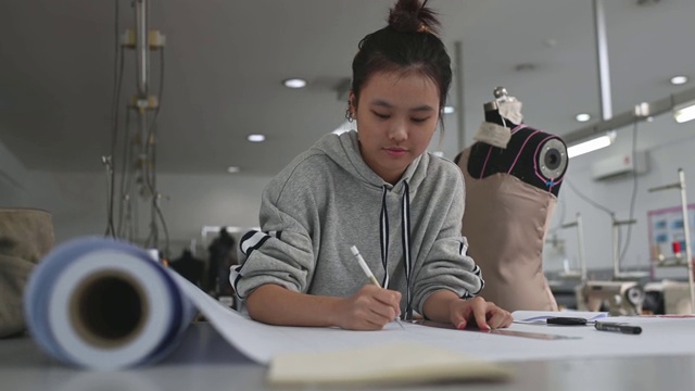 亚洲华裔女时装大学生在学院车间做服装项目，写下尺寸，画出缝纫图案