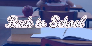 数码动画的回到学校的文字对苹果的堆栈上的书和打开笔记本上的de