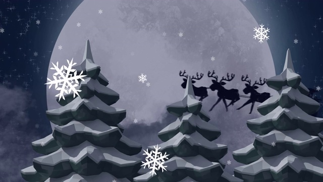 圣诞老人在驯鹿拉雪橇的冬季风景动画