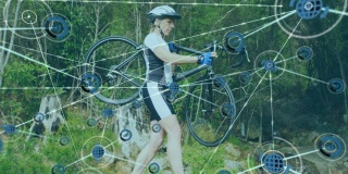 图标和网络连接超过女性骑自行车携带她的自行车