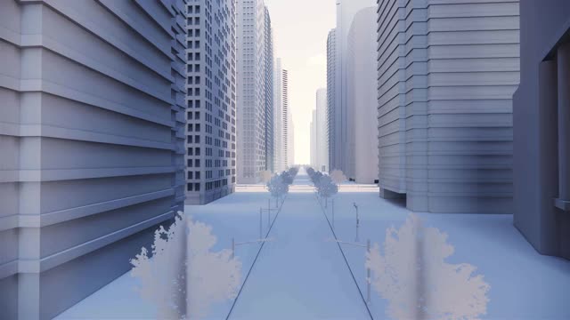 抽象明亮的城市与摩天大楼的3d渲染。白天简单的建筑形式。摄像机运动向前发展。抽象的3D白色城市的顶部。接近和距离到一个像样的高度