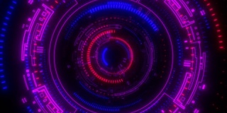在充满红色和紫色的明亮圆圈的超空间中移动。