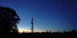 延时:在加拿大安大略省托伦斯黑暗天空保护区的夏日夜空中，银河和星星倒映在平静的湖面上