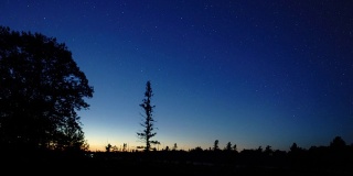 延时:在加拿大安大略省托伦斯黑暗天空保护区的夏日夜空中，银河和星星倒映在平静的湖面上