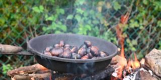用特制的钢锅在火上烤栗子和马罗尼。传统的意大利秋季美食户外烹饪。高质量的全高清镜头。软焦点