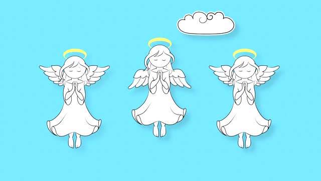 三个带着翅膀和光环的天使在天空中飞翔