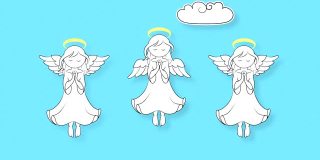 三个带着翅膀和光环的天使在天空中飞翔