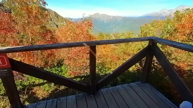 沿着山顶走。在明亮的蓝色天空的背景下，秋天五颜六色的全景山。在山中漫步