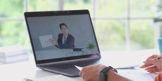 亚洲商人在视频会议上谈论销售报告。亚洲女性和团队使用笔记本电脑进行在线视频会议，在家工作