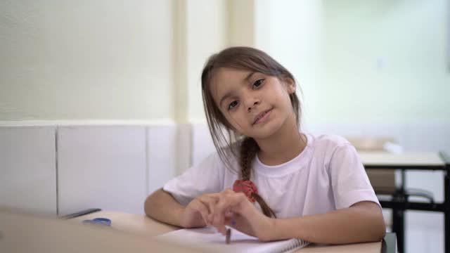 一个小学生在学校教室里的肖像