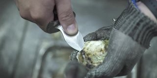 员工用特制短刀在水槽上剥牡蛎壳