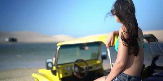 年轻女子坐在马车里，在杰里科阿拉的沙丘上看风景