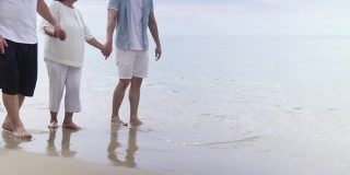 专注于一家人在沙滩上散步的幸福时刻