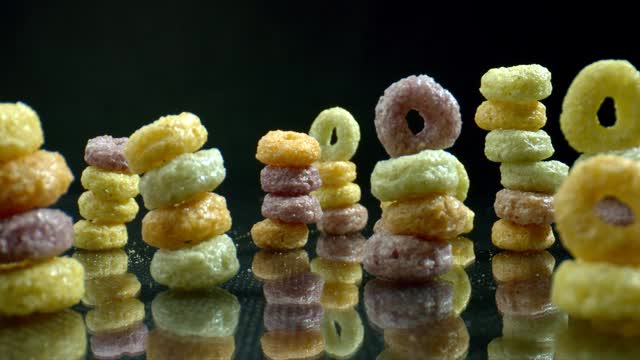 五彩缤纷的谷物圈排成金字塔状。儿童进食过程概念