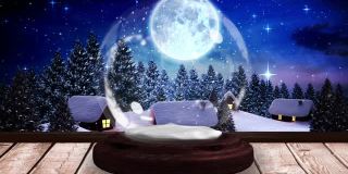 在木制表面上的雪花球中，星星围绕圣诞树旋转的数字动画