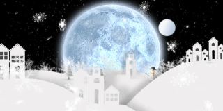 圣诞老人在驯鹿拉雪橇的动画，满月的黑色背景