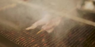 沙嗲肉和鸡肉在热炭上烤