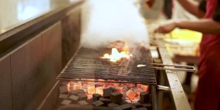 侧面的肉和鸡肉沙嗲烤热木炭