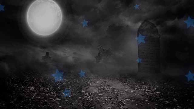 快乐万圣节动画和撕裂文字墓碑与星星和满月在黑色的背景