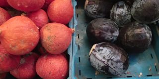 南瓜，红卷心菜堆放在市场货架上零售蔬菜市场