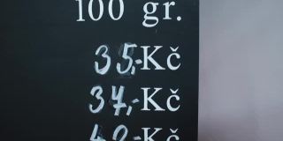 食品价格写在黑板上。展示零售价值产品买家。