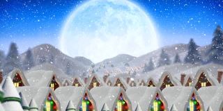 圣诞老人在驯鹿拉雪橇的剪影动画与满月和雪fa