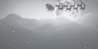 满月时驯鹿拉着雪橇的圣诞老人灰色剪影的动画