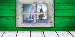 动画的冬天圣诞节的景色与下雪和满月透过窗户看到