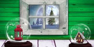 动画的两个雪花球和冬季圣诞景色与雪花飘落和满月