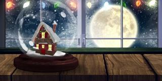 动画的两个雪球与房子与冬天的景色和满月透过窗户看到