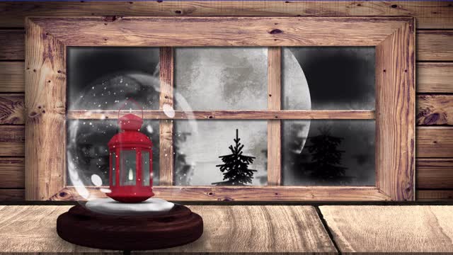 动画的雪花球与灯笼和剪影的圣诞老人在雪橇