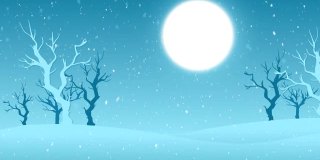 动画的圣诞冬季景色与雪花飘落和满月与树在蓝色的背景