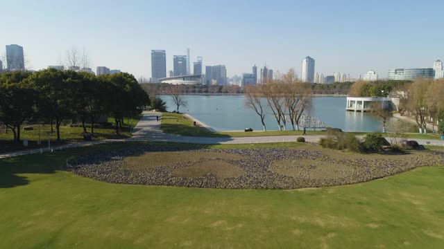 世纪公园和一个大湖在上海晴天。在市中心的背景。中国鸟瞰图。无人机是向前和向上飞行。远景