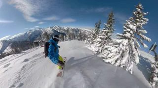 自拍:一名滑雪者在穿越森林的同时雕刻着新鲜的粉末雪视频素材模板下载