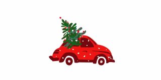 动画。4 k。红色复古车和装饰圣诞树在暴风雪。假日旗帜。圣诞贺卡。新年的概念。设计元素孤立在白色背景上。资料片