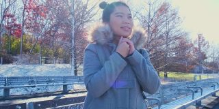 年轻的亚洲女性穿着冬衣微笑享受和平行走在冬天的季节和黄树与地面的雪花飘落的旅游理念