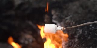 在独特的山火上烤棉花糖