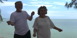 浪漫的亚洲老年情侣在海滩上跳舞
