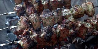 肉串，俄罗斯泥，在木炭灰烬上的传统烧烤，特写手拿