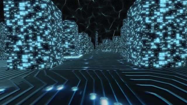 Sai-fi蓝色背景，飞过虚拟城市-带有芯片和发光信号的电子板